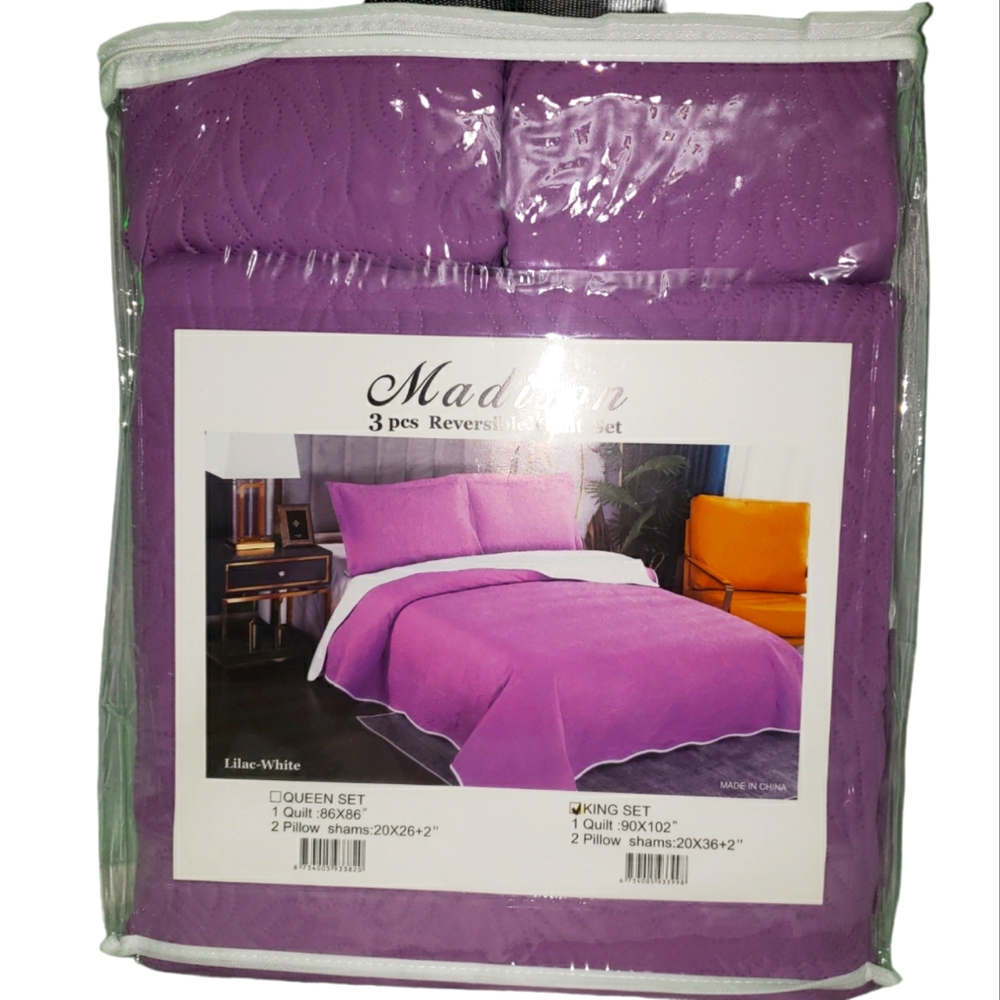 Madison 3 piece reversible king quilt set with 2 pillow shams - Lilac-White